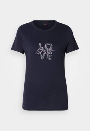 Navy blue cotton t-shirt featuring a central graphic with the word "LOVE" in textured, stylized lettering and a cursive accent.