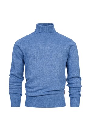 Blå turtleneck-tröja i mjukt, texturerat stickat material. Har ribbade manschetter och nederkant. Klassisk design med långa ärmar och en åtsittande passform.