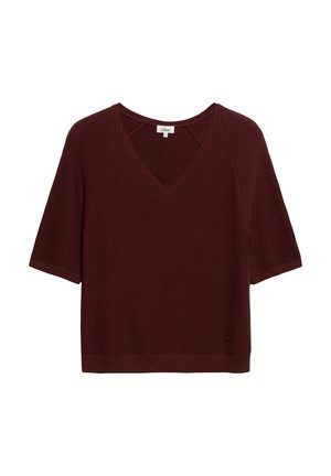 Maglione a maniche corte, di colore rosso scuro, con scollatura a V e orlo a coste, mostrato disteso su sfondo bianco.