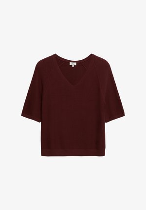 Kurzärmliger, dunkelroter Strickpullover mit V-Ausschnitt und geripptem Saum, flach auf weißem Hintergrund dargestellt.
