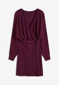 Vestito avvolgente color vino in morbido tessuto a maglia, con maniche lunghe, scollatura a V profonda e dettaglio in vita con lacci.