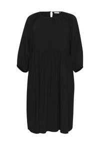 Black, knee-length dress with a textured diamond pattern, short puff sleeves, round neckline, and a back keyhole opening.