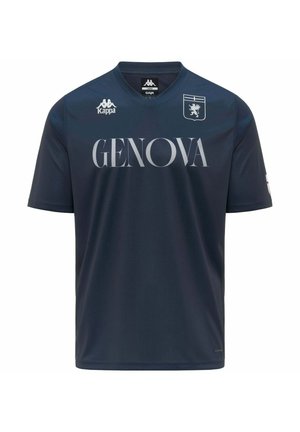 Maillot de sport bleu foncé avec le texte « GENOVA », logo Kappa et un emblème en forme de bouclier avec un lion et une croix sur la poitrine.