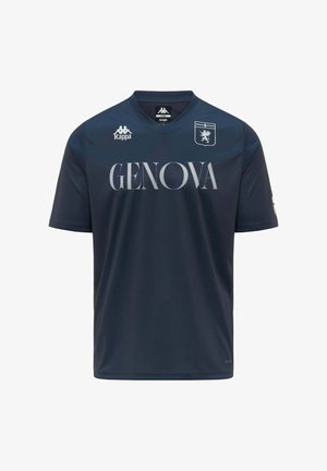 Maillot de sport bleu foncé avec le texte « GENOVA », logo Kappa et un emblème en forme de bouclier avec un lion et une croix sur la poitrine.