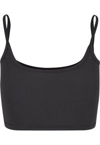 Top scurt, negru, cu bretele subțiri ajustabile, realizat dintr-un material neted și elastic, având un decolteu rotund și cusături minime.