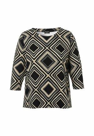Women's long sleeve top with black, beige, and white geometric diamond pattern and round neckline.