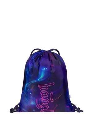 Rucksack mit Kordelzug, blau-lila Galaxiemuster und pinkem, kursivem Schriftzug „barbara“, verstellbare Kordelriemen und verknotete Enden.