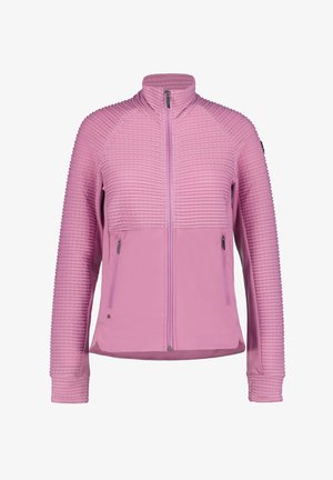 Pink zip-up jacket featuring a textured ribbed design on the shoulders and sleeves, smooth body fabric, and two zippered side pockets.