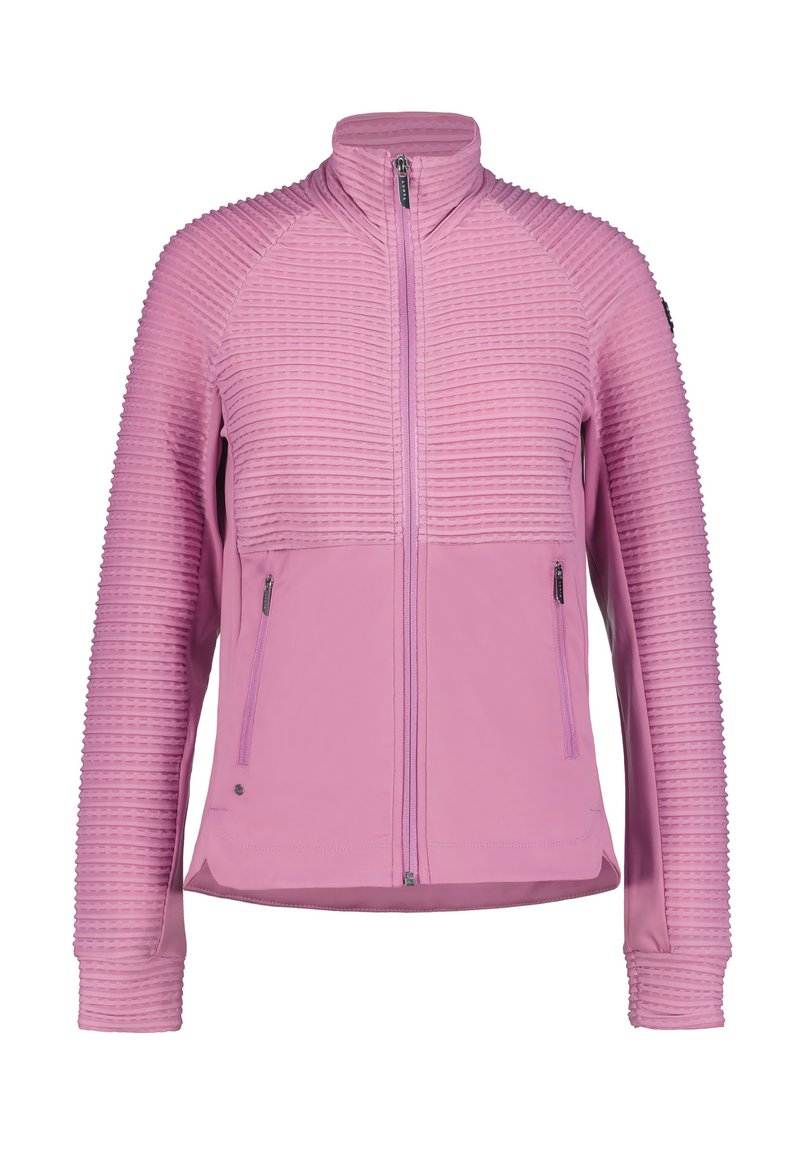 Giacca a zip rosa con un design a costine testurizzato sulle spalle e sulle maniche, tessuto del corpo liscio e due tasche laterali con zip.