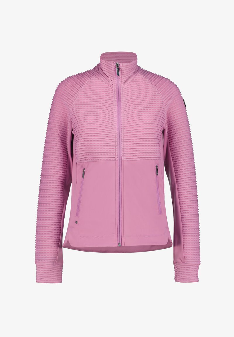 Rosa zip-up jacka med en texturerad ribbad design på axlarna och ärmarna, slät tygkvalitet på kroppen och två sidofickor med dragkedja.