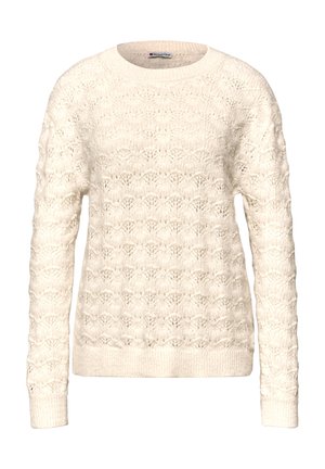 Maglione crema con motivo testurizzato e polsini a costine, caratterizzato da scollo rotondo e maniche lunghe. Realizzato in materiale a maglia leggero.