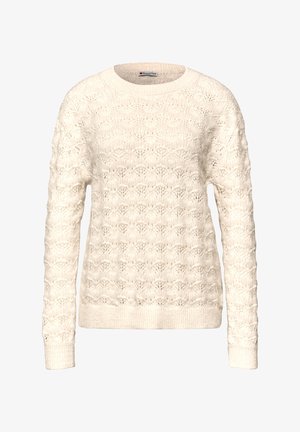 Cremefarvet sweater med struktureret mønster og ribstrikkede manchetter, med rund halsudskæring og lange ærmer. Fremstillet af let strikket materiale.