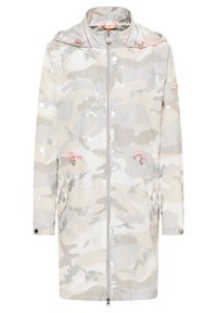 Wodoodporny, długi płaszcz przeciwdeszczowy w kamuflażu w kolorach beżowym i szarym. Posiada zamek błyskawiczny z przodu, kaptur ze ściągaczem oraz dwie przednie kieszenie z różowymi akcentami.