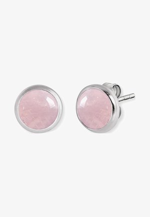 Pink quartz stud earrings featuring a round shape, smooth surface, and shiny silver-tone metal setting.
