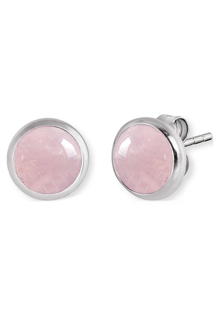 Rosa kvarts stud øreringe med rund form, glat overflade og shiny sølvfarvet metalindfatning.