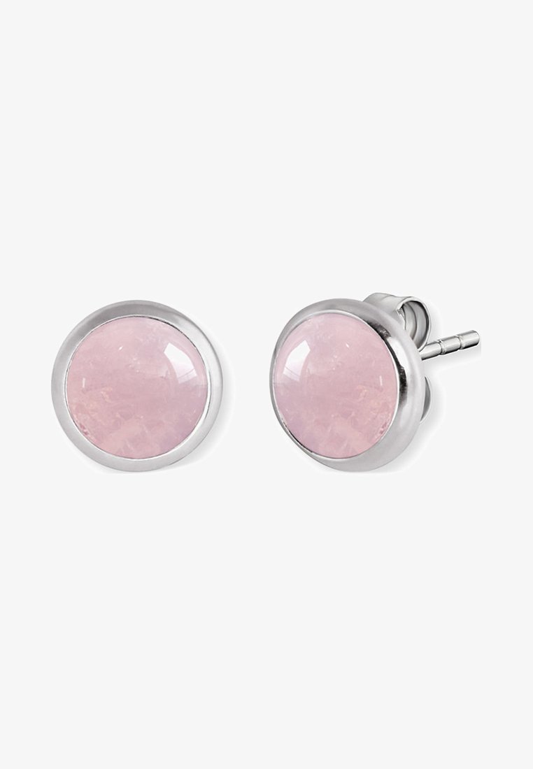 Rosa kvarts stud øreringe med rund form, glat overflade og shiny sølvfarvet metalindfatning.