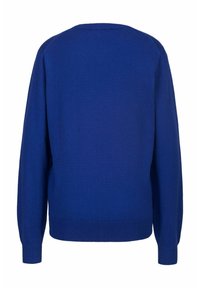 Blauer Strickpullover mit langen Ärmeln, rundem Halsausschnitt, gerippten Bündchen und Saum. Glatte Textur mit gleichmäßigen Nähten, ohne Muster oder Akzente.