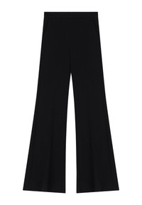 Pantaloni neri a gamba larga realizzati in un tessuto morbido, con una vita piatta e tasche laterali, caratterizzati da una superficie liscia e senza motivi visibili.