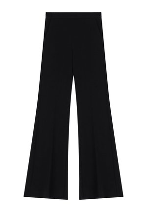 Pantaloni neri a gamba larga realizzati in un tessuto morbido, con una vita piatta e tasche laterali, caratterizzati da una superficie liscia e senza motivi visibili.
