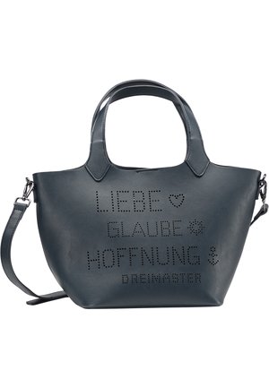 Schwarze Lederhandtasche mit zwei Griffen und einem abnehmbaren Schulterriemen, mit den perforierten Worten "LIEBE," "GLAUBE" und "HOFFNUNG."