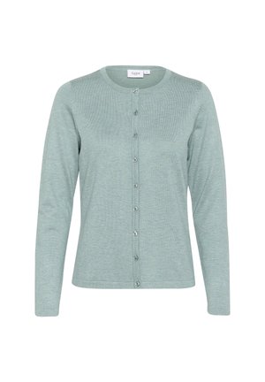 Light green cardigan made of soft material, featuring a round neck, long sleeves, and a button-up front with small, silver buttons.