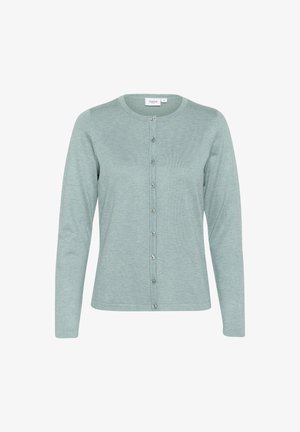 Cardigan verde chiaro realizzato in morbido materiale, con collo rotondo, maniche lunghe e chiusura frontale con bottoni piccoli e argentati.