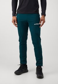 Pantalons de plein air teal en tissu léger, avec un design épuré, une taille élastique et un logo Adidas Terrex sur la cuisse.