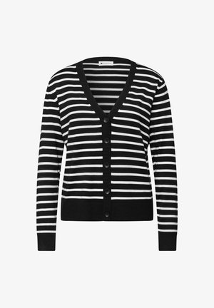 Černo-bílý pruhovaný horizontálně rozepínací cardigan s dlouhými rukávy a výstřihem do V.
