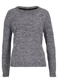 Pull en tricot marbré gris et noir à manches longues avec col rond, poignets et ourlet côtelés, présenté sur un fond blanc.