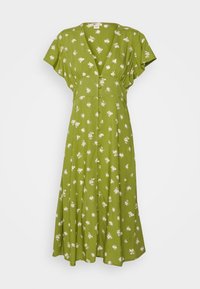 Robe verte mi-longue avec manches courtes, col en V, boutons sur le devant et petit motif floral blanc.