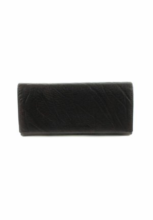 Portefeuille en cuir noir avec une finition texturée, de forme rectangulaire et aux bords lisses. Design minimaliste sans matériel ou embellissements visibles.