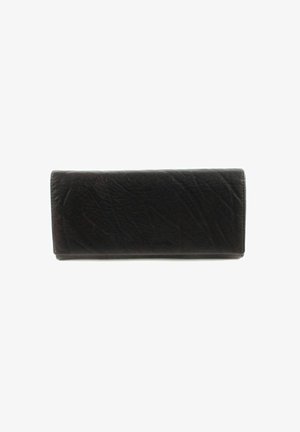 Portefeuille en cuir noir avec une finition texturée, de forme rectangulaire et aux bords lisses. Design minimaliste sans matériel ou embellissements visibles.