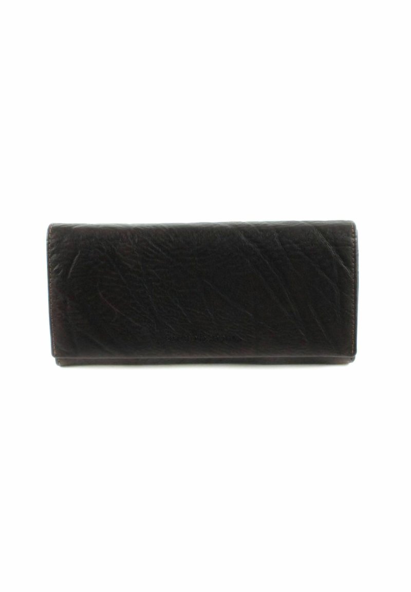 Black leather wallet with a textured finish, rectangular shape, and smooth edges. Minimalist design with no visible hardware or embellishments.