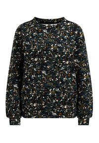 Sweatshirt noir avec un motif floral en blanc, vert et orange. Présente un col rond et des manches longues. Texture de tissu douce.