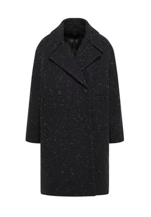 Doppelreihiger schwarzer Mantel aus strukturiertem Wollstoff, mit gesprenkelten Akzenten in Orange und Weiß, breiten Revers und seitlichen Taschen.