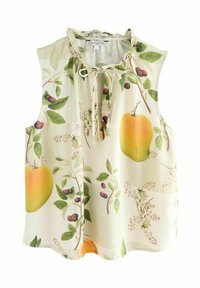 Hedvábná bezrukávová blůza s volánkovým krkem, vyrobená z lehkého materiálu. Obsahuje botanický potisk se žlutými plody a zelenými listy na krémovém pozadí.