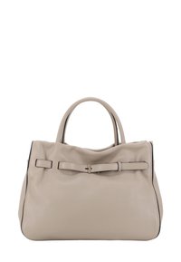 Borsa in pelle grigia con due manici rotondi, una tracolla removibile e un dettaglio a fiocco piatto sul fronte. Texture liscia, leggero lucido.