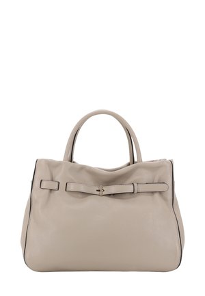 Sac en cuir gris avec deux poignées arrondies, une bandoulière amovible et un détail de nœud plat à l'avant. Texture lisse, légère brillance.