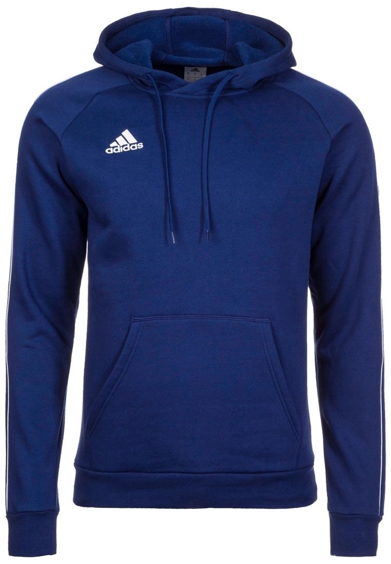 Felpa blu navy realizzata in tessuto morbido, con tasca a marsupio, cappuccio regolabile con cordino e logo Adidas bianco sul petto.