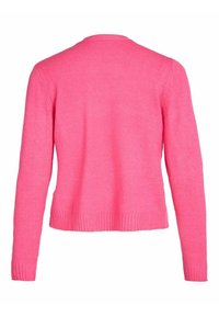 Ljusröd stickad kofta med långa ärmar, ribbstickade muddar och fåll, med en enkel, klassisk design och en slät textur.