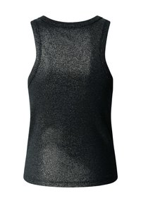 Μαύρο αμάνικο τοπ από υφασμάτινη υφή με ελαφριά γυαλάδα. Διαθέτει στρογγυλή λαιμόκοψη και εφαρμοστή σιλουέτα.