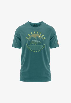 Tuerkisfarbiges T-Shirt mit kurzen Ärmeln aus weichem Gewebe, das eine kreisförmige Grafik mit Bergen und einem Bären zeigt, beschriftet mit "Forsberg Workwear & Outdoor."