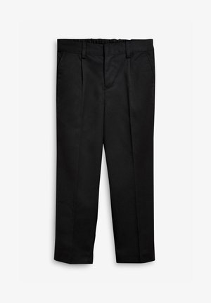 Pantalon noir avec une texture lisse, un devant plissé et une taille élastique. Le design est droit sans matériel ou accents visibles.