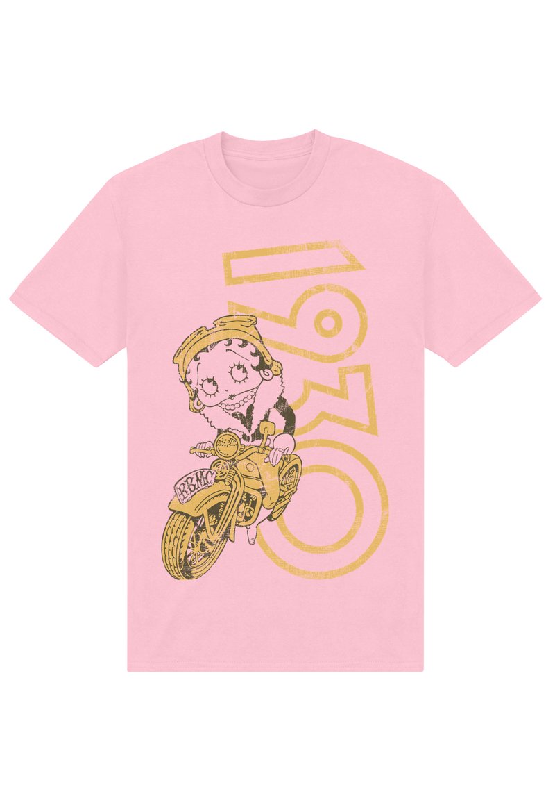 Lyserød t-shirt med en tegneseriefigur på en gul motorcykel, med "1930" printet i fedt guld bagved.