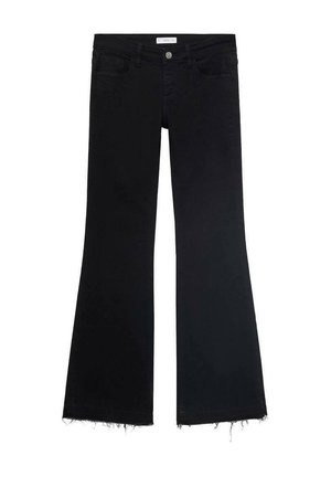 Jeans neri a zampa d'elefante con orlo sfilacciato, realizzati in tessuto denim. Presentano una chiusura anteriore con bottone e due tasche frontali.