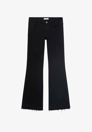 Črne široke kavbojke z razfrljenim robom, izdelane iz denima. Imajo sprednji gumb in dva sprednja žepa.