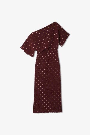 Burgundy dress with an asymmetrical one-shoulder design, featuring gold dot patterns and a textured ribbed fabric. Scalloped hem detail.