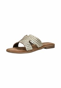 Geweven metalen zilveren slidesandalen met twee kruislings over elkaar lopende banden en een bruine neplederen zool. Zachte suède-achtige voering voor comfort.