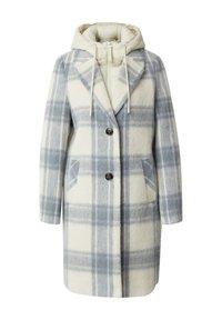 Cappotto in misto lana a stampa plaid in crema e blu chiaro, dotato di cappuccio trapuntato staccabile, chiusura frontale con bottoni e tasche laterali.