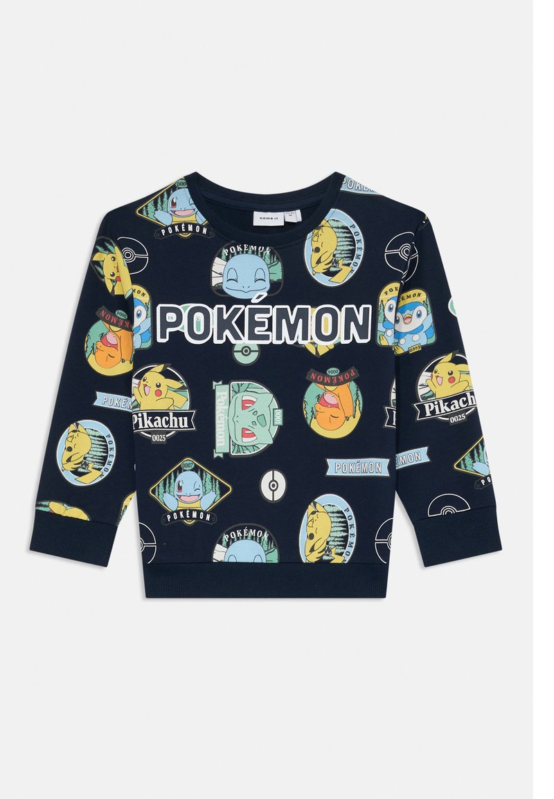 Felpa blu marina con vari personaggi e loghi di Pokémon, realizzata in morbido tessuto con polsini a coste e scollatura rotonda.